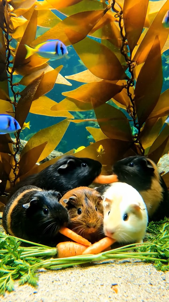 1328. Realistic depiction of 4 smooth-haired Coronet guinea pigs featuring black, brown, and cream coats, sharing carrot tops, in a underwater forest of giant kelp with marine life.