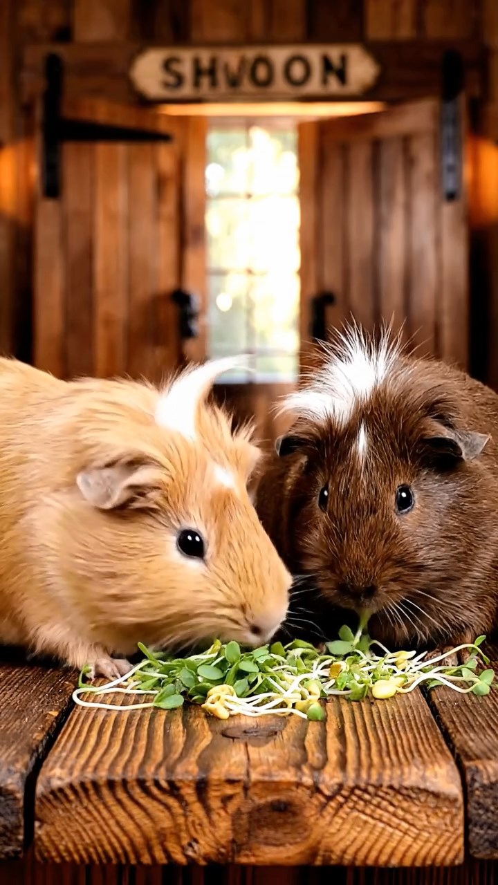 1329. Detailed image of 2 smooth-haired White Crested guinea pigs with fawn and chocolate fur, eating alfalfa sprouts, on a old west bar top with swinging saloon doors.