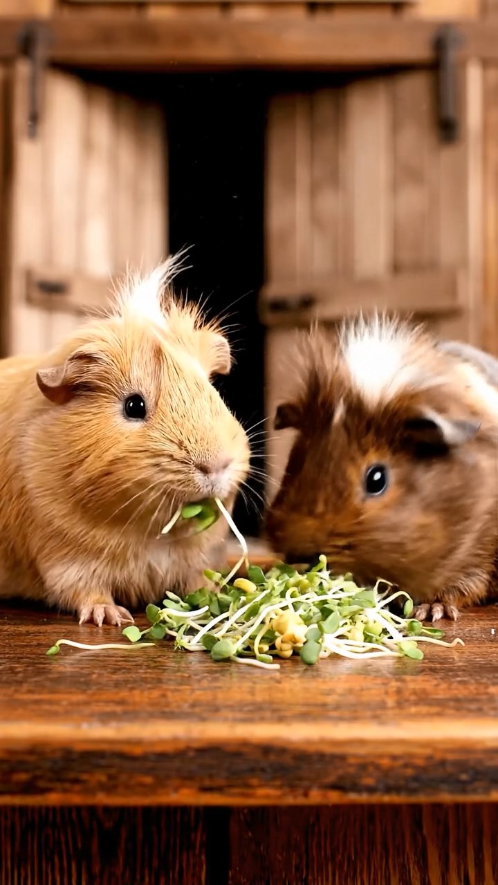 1329. Detailed image of 2 smooth-haired White Crested guinea pigs with fawn and chocolate fur, eating alfalfa sprouts, on a old west bar top with swinging saloon doors.