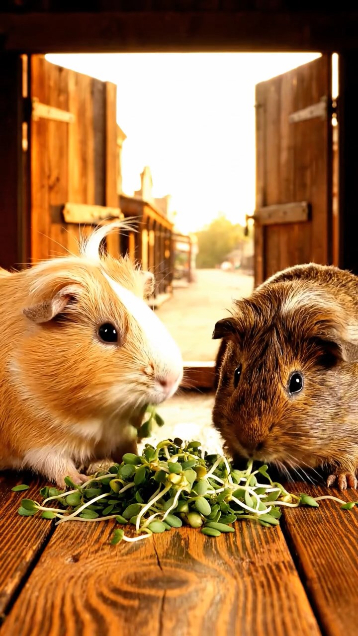 1329. Detailed image of 2 smooth-haired White Crested guinea pigs with fawn and chocolate fur, eating alfalfa sprouts, on a old west bar top with swinging saloon doors.