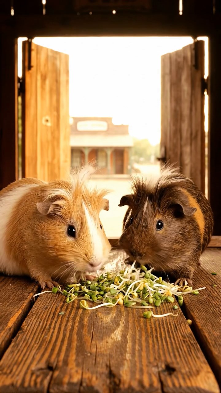 1329. Detailed image of 2 smooth-haired White Crested guinea pigs with fawn and chocolate fur, eating alfalfa sprouts, on a old west bar top with swinging saloon doors.