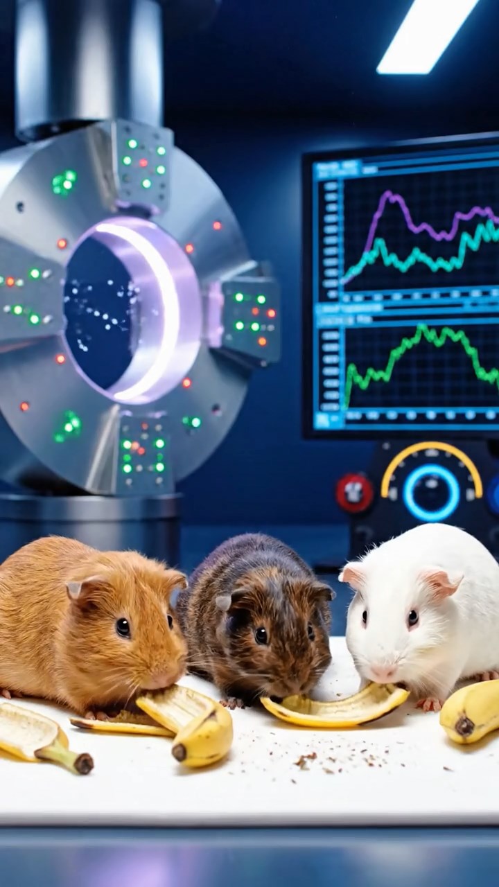 1330. Photorealistic scene of 3 smooth-haired Skinny guinea pigs in cinnamon, sable, and white colors, nibbling on banana peels, inside a physics particle lab with detectors beeping.