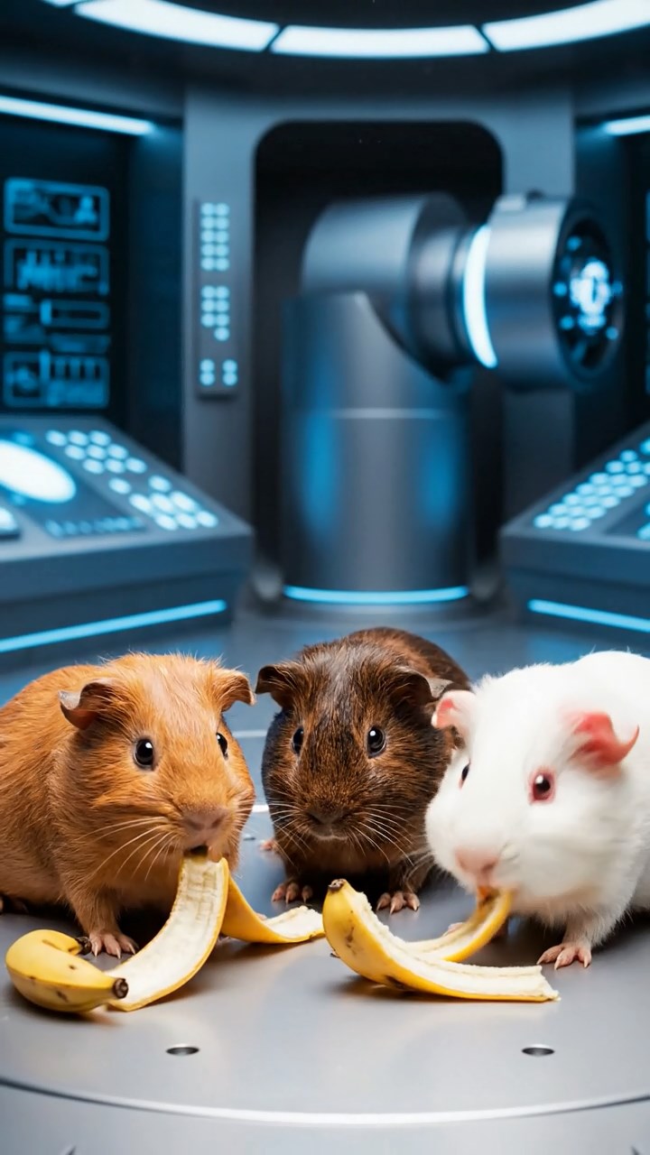1330. Photorealistic scene of 3 smooth-haired Skinny guinea pigs in cinnamon, sable, and white colors, nibbling on banana peels, inside a physics particle lab with detectors beeping.