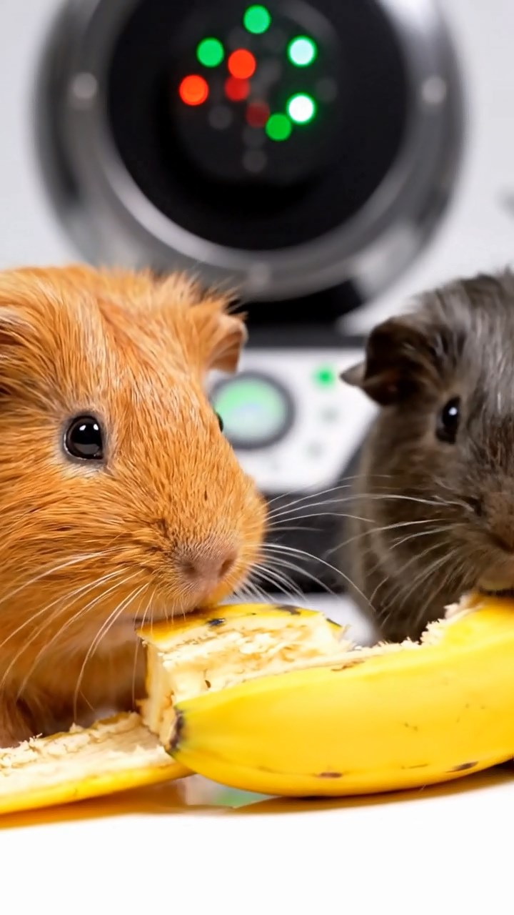 1330. Photorealistic scene of 3 smooth-haired Skinny guinea pigs in cinnamon, sable, and white colors, nibbling on banana peels, inside a physics particle lab with detectors beeping.