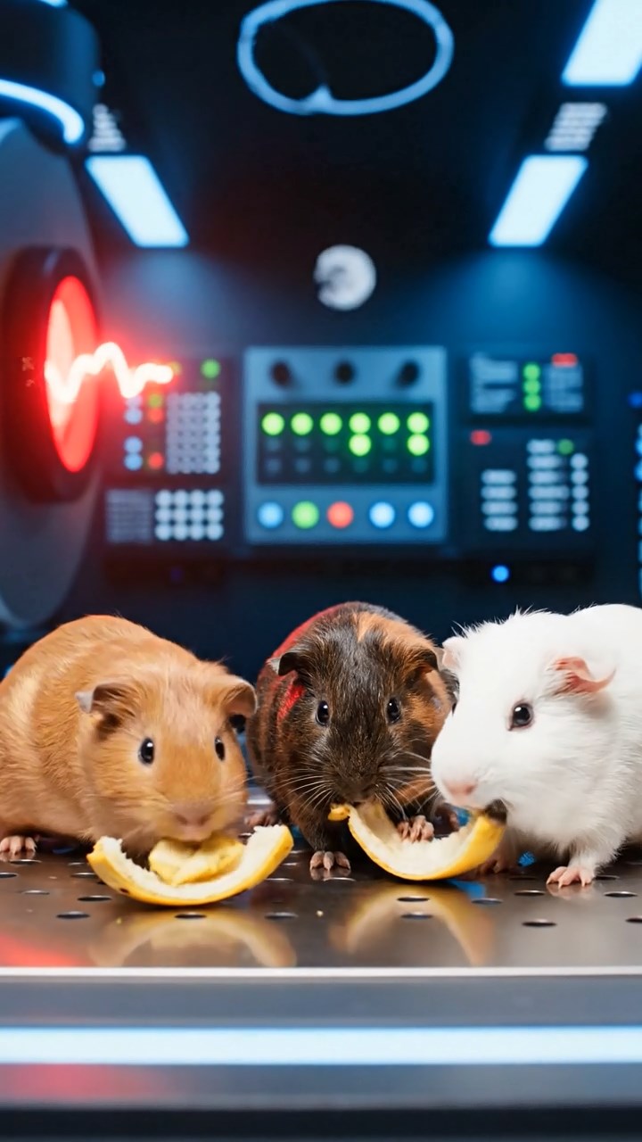 1330. Photorealistic scene of 3 smooth-haired Skinny guinea pigs in cinnamon, sable, and white colors, nibbling on banana peels, inside a physics particle lab with detectors beeping.