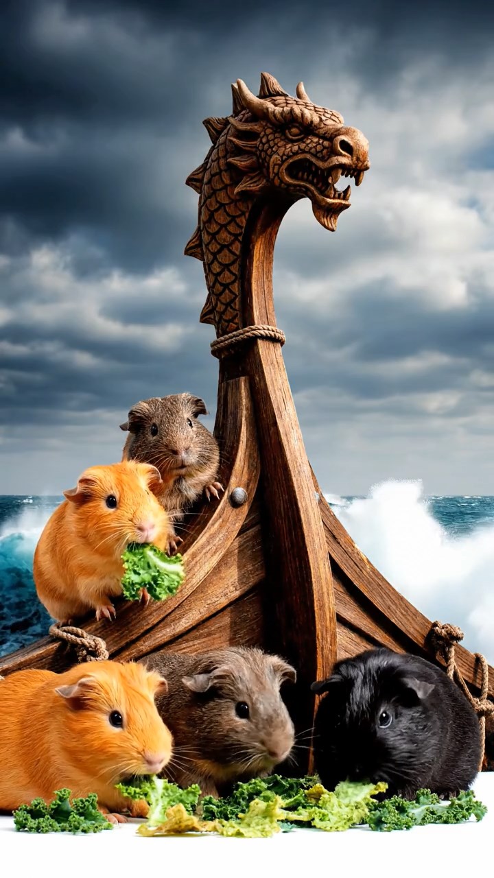 1331. Realistic photo of 5 smooth-haired American guinea pigs with orange, gray, and black fur, chewing on kale chips, on a Viking ship bow with carved figureheads and waves.