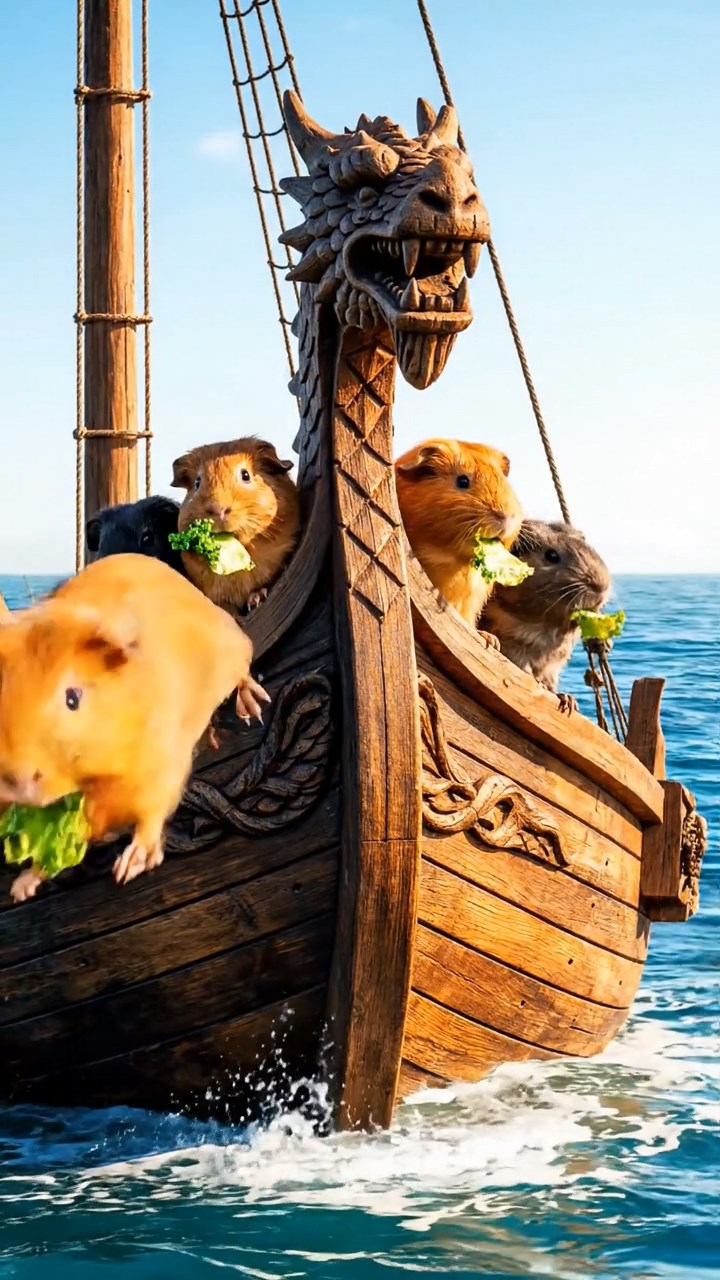 1331. Realistic photo of 5 smooth-haired American guinea pigs with orange, gray, and black fur, chewing on kale chips, on a Viking ship bow with carved figureheads and waves.