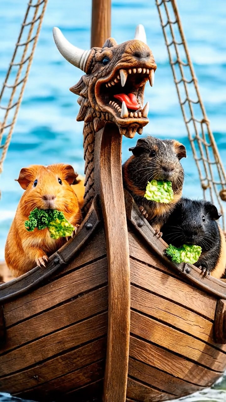 1331. Realistic photo of 5 smooth-haired American guinea pigs with orange, gray, and black fur, chewing on kale chips, on a Viking ship bow with carved figureheads and waves.