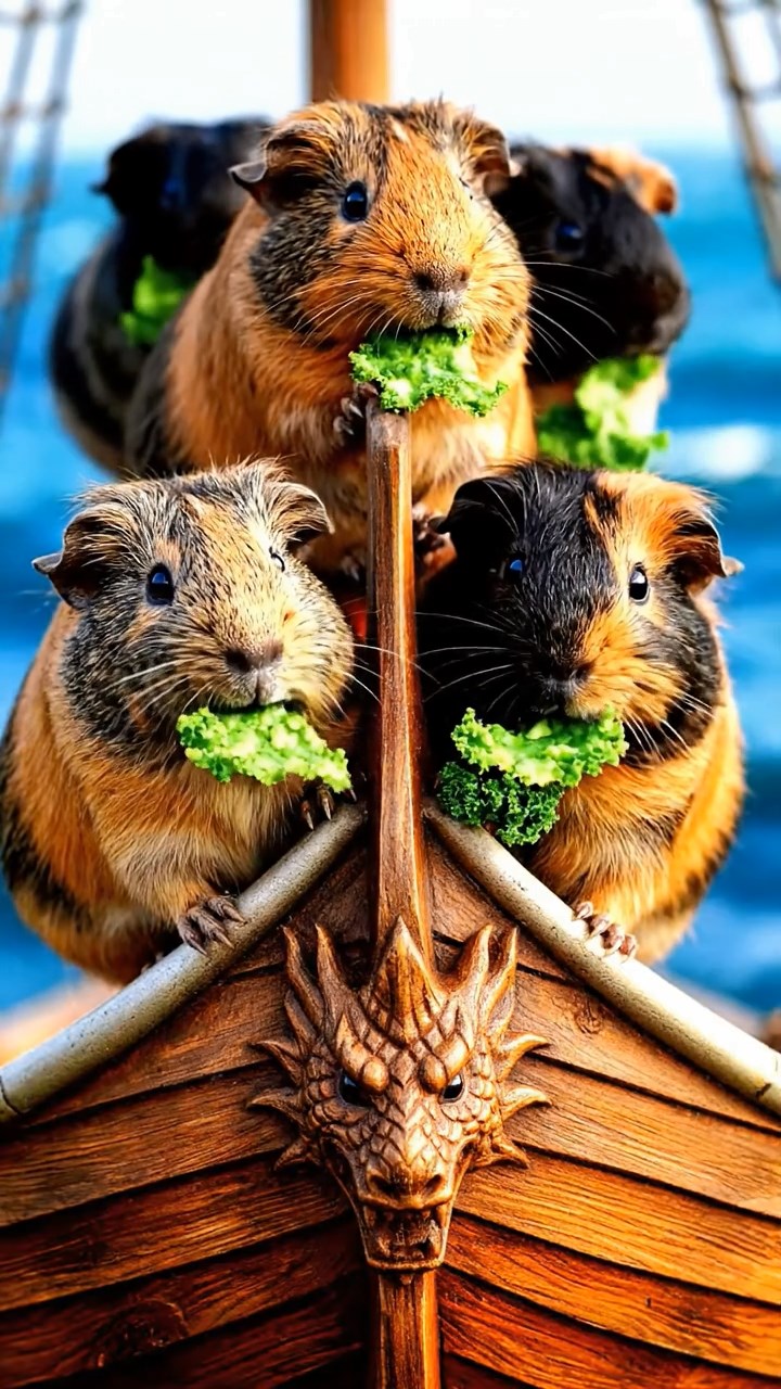 1331. Realistic photo of 5 smooth-haired American guinea pigs with orange, gray, and black fur, chewing on kale chips, on a Viking ship bow with carved figureheads and waves.