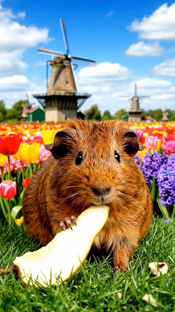 1332. Highly detailed view of 1 smooth-haired Abyssinian guinea pig with brown fur, munching on pear slices, in a colorful Dutch flower field with spinning windmills.
