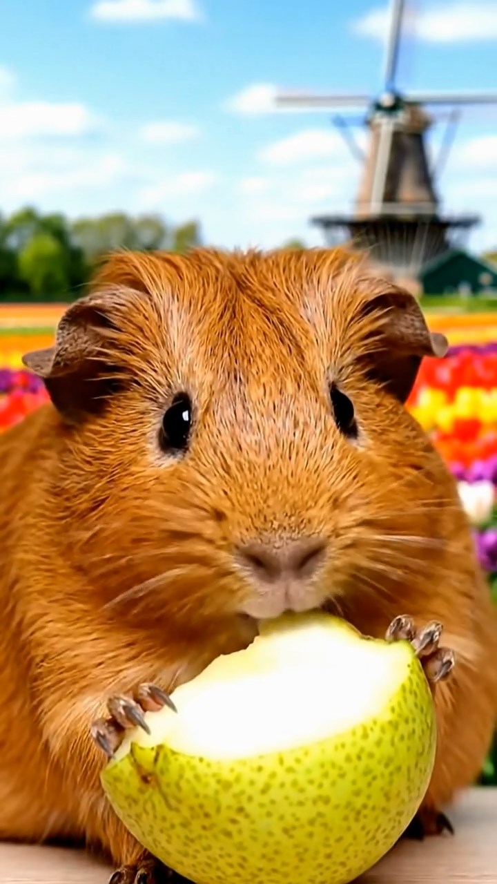 1332. Highly detailed view of 1 smooth-haired Abyssinian guinea pig with brown fur, munching on pear slices, in a colorful Dutch flower field with spinning windmills.