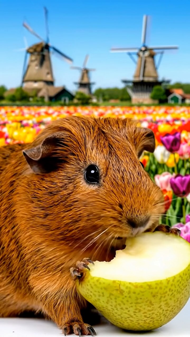 1332. Highly detailed view of 1 smooth-haired Abyssinian guinea pig with brown fur, munching on pear slices, in a colorful Dutch flower field with spinning windmills.
