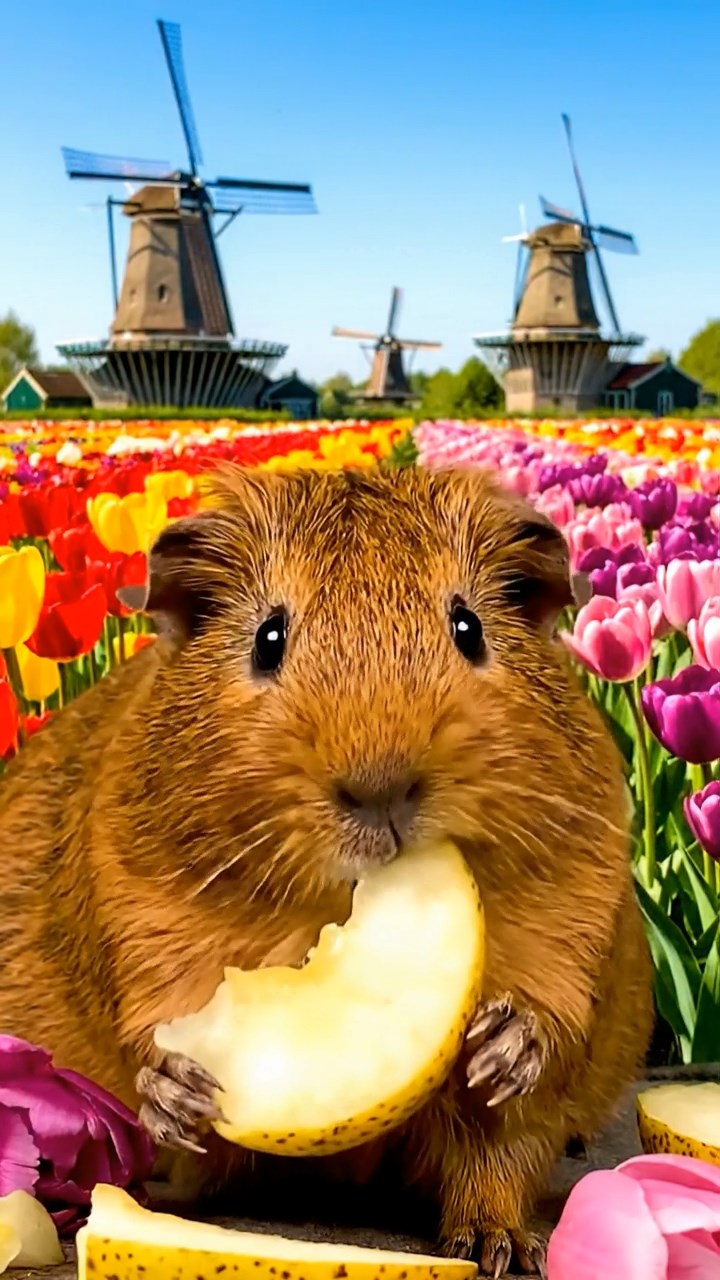 1332. Highly detailed view of 1 smooth-haired Abyssinian guinea pig with brown fur, munching on pear slices, in a colorful Dutch flower field with spinning windmills.