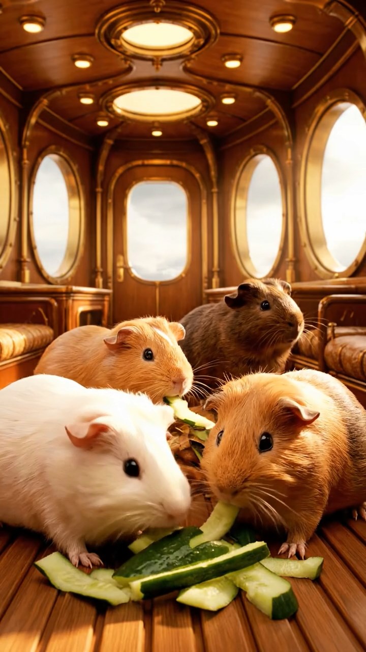 1333. Photorealistic image of 4 smooth-haired Peruvian guinea pigs featuring cream, fawn, and chocolate coats, sharing cucumber peels, inside a ornate airship cabin with portholes.