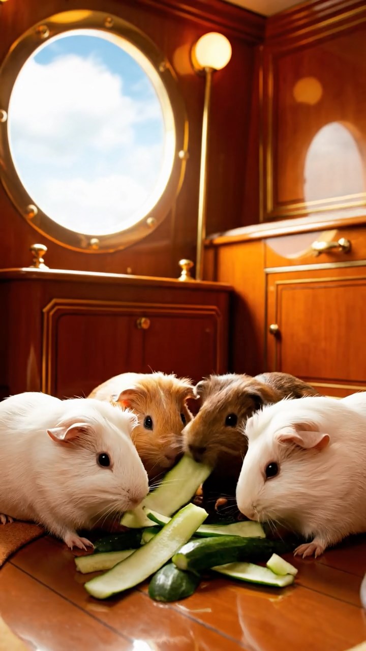 1333. Photorealistic image of 4 smooth-haired Peruvian guinea pigs featuring cream, fawn, and chocolate coats, sharing cucumber peels, inside a ornate airship cabin with portholes.