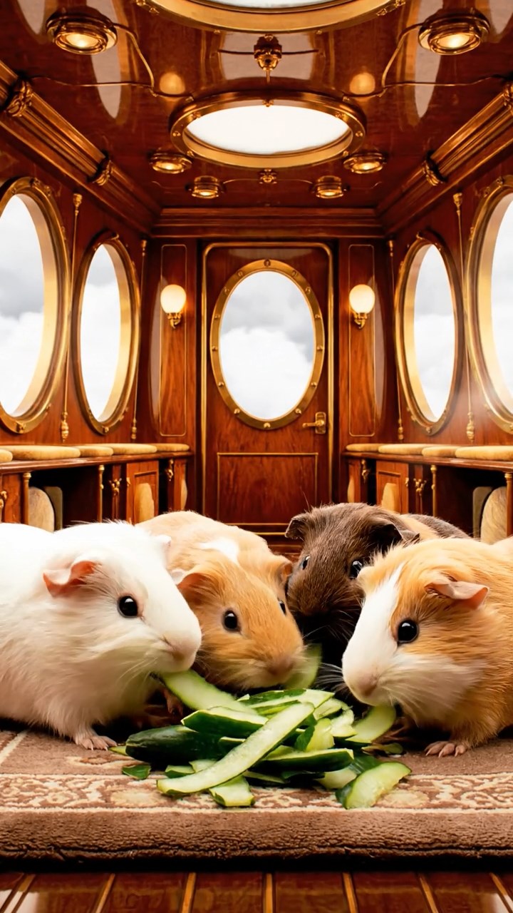 1333. Photorealistic image of 4 smooth-haired Peruvian guinea pigs featuring cream, fawn, and chocolate coats, sharing cucumber peels, inside a ornate airship cabin with portholes.