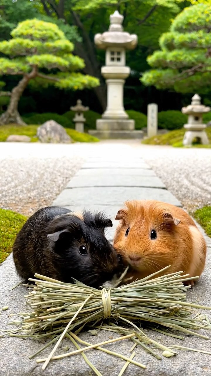 1334. Realistic depiction of 2 smooth-haired Silkie guinea pigs with cinnamon and sable fur, eating timothy hay bundles, in a tranquil temple garden with stone paths.