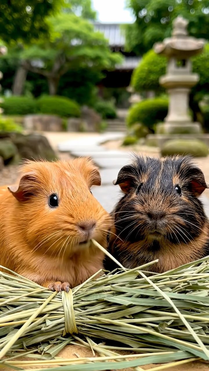 1334. Realistic depiction of 2 smooth-haired Silkie guinea pigs with cinnamon and sable fur, eating timothy hay bundles, in a tranquil temple garden with stone paths.