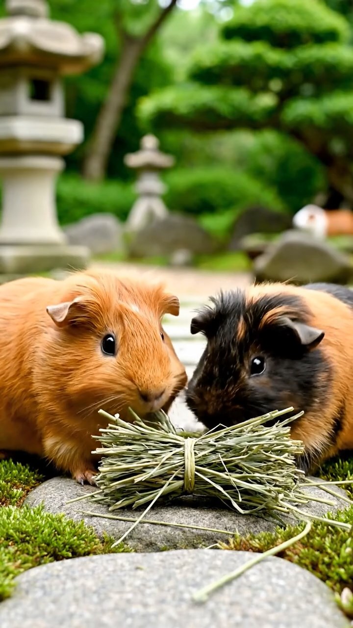 1334. Realistic depiction of 2 smooth-haired Silkie guinea pigs with cinnamon and sable fur, eating timothy hay bundles, in a tranquil temple garden with stone paths.
