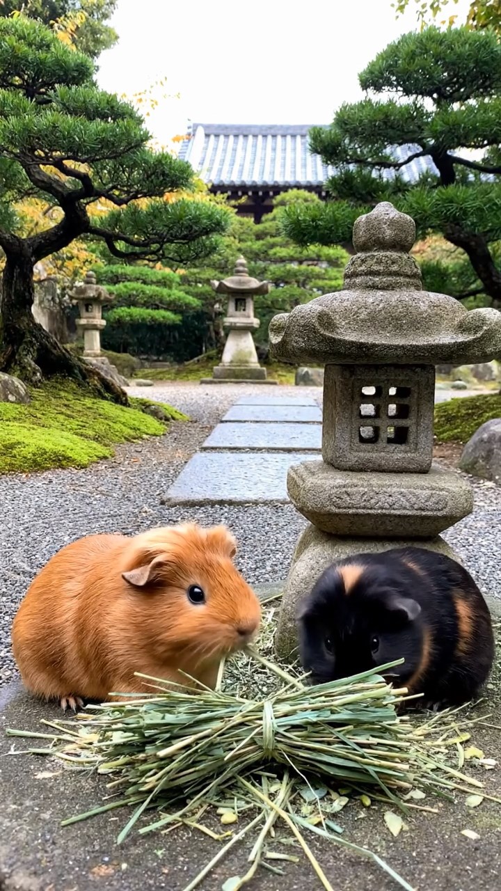 1334. Realistic depiction of 2 smooth-haired Silkie guinea pigs with cinnamon and sable fur, eating timothy hay bundles, in a tranquil temple garden with stone paths.