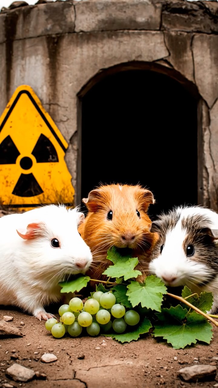 1335. Detailed scene of 3 smooth-haired Teddy guinea pigs with white, orange, and gray fur, nibbling on grape vines, in a nuclear wasteland bunker entrance with radiation signs.