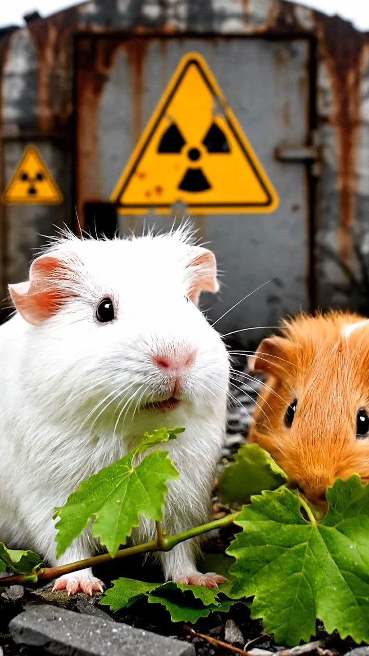 1335. Detailed scene of 3 smooth-haired Teddy guinea pigs with white, orange, and gray fur, nibbling on grape vines, in a nuclear wasteland bunker entrance with radiation signs.