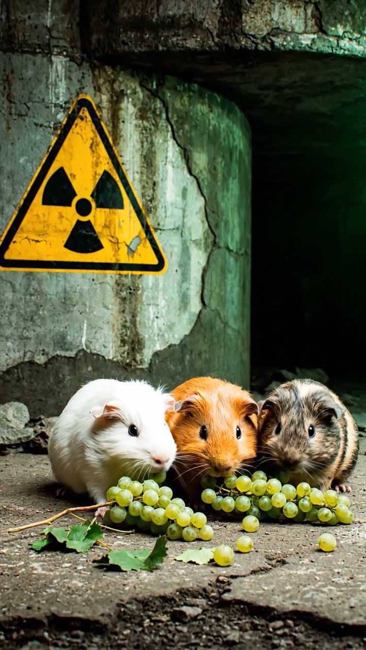 1335. Detailed scene of 3 smooth-haired Teddy guinea pigs with white, orange, and gray fur, nibbling on grape vines, in a nuclear wasteland bunker entrance with radiation signs.