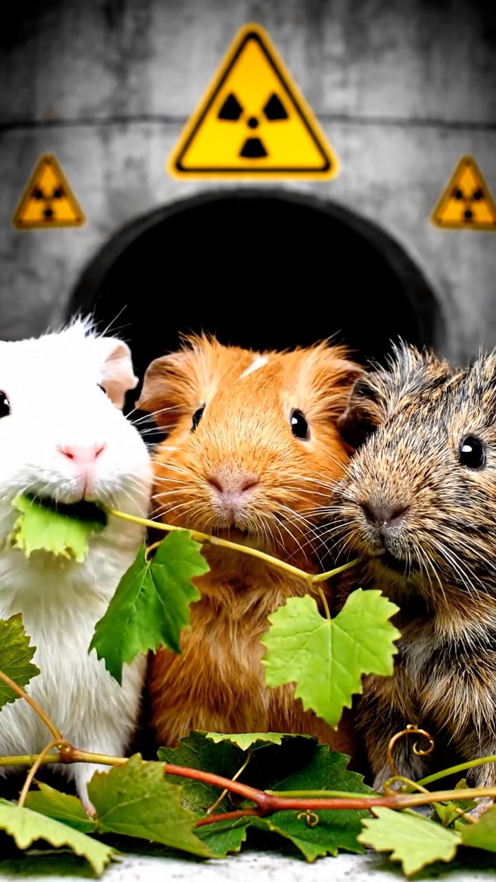 1335. Detailed scene of 3 smooth-haired Teddy guinea pigs with white, orange, and gray fur, nibbling on grape vines, in a nuclear wasteland bunker entrance with radiation signs.