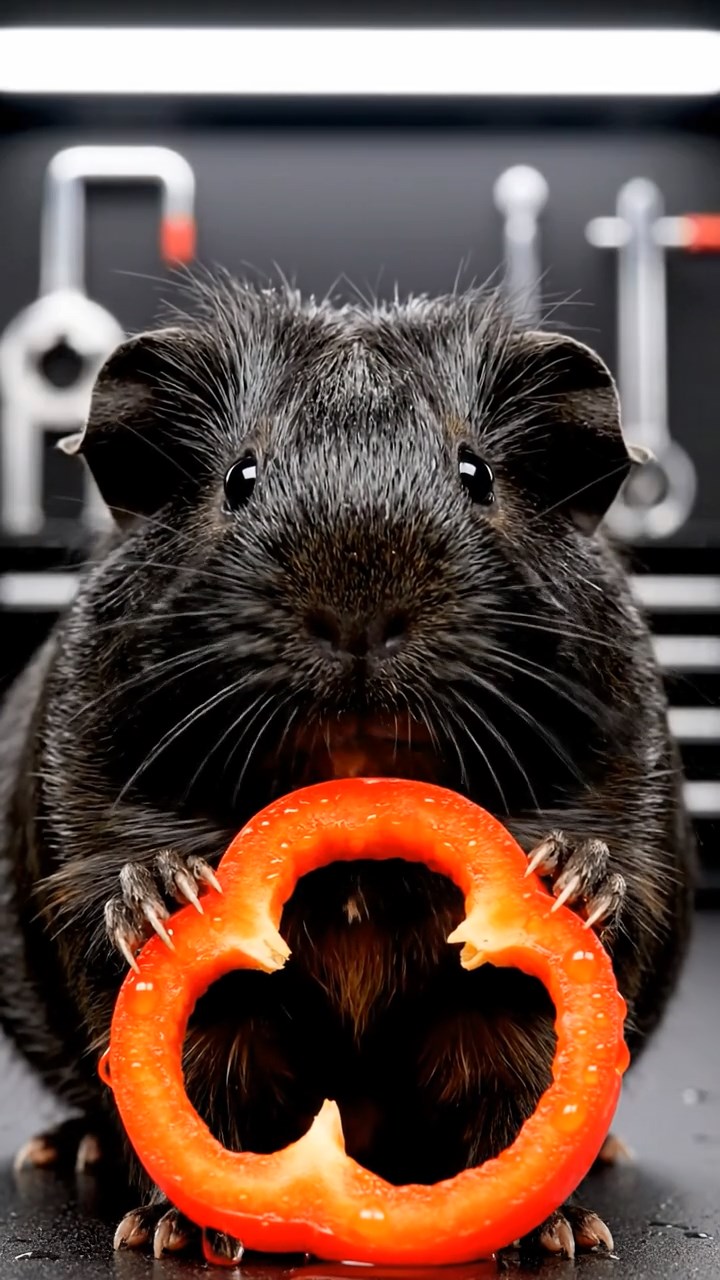 1336. Photorealistic photo of 1 smooth-haired Texel guinea pig with black fur, chewing on bell pepper rings, in a formula racing garage with high-tech tools.