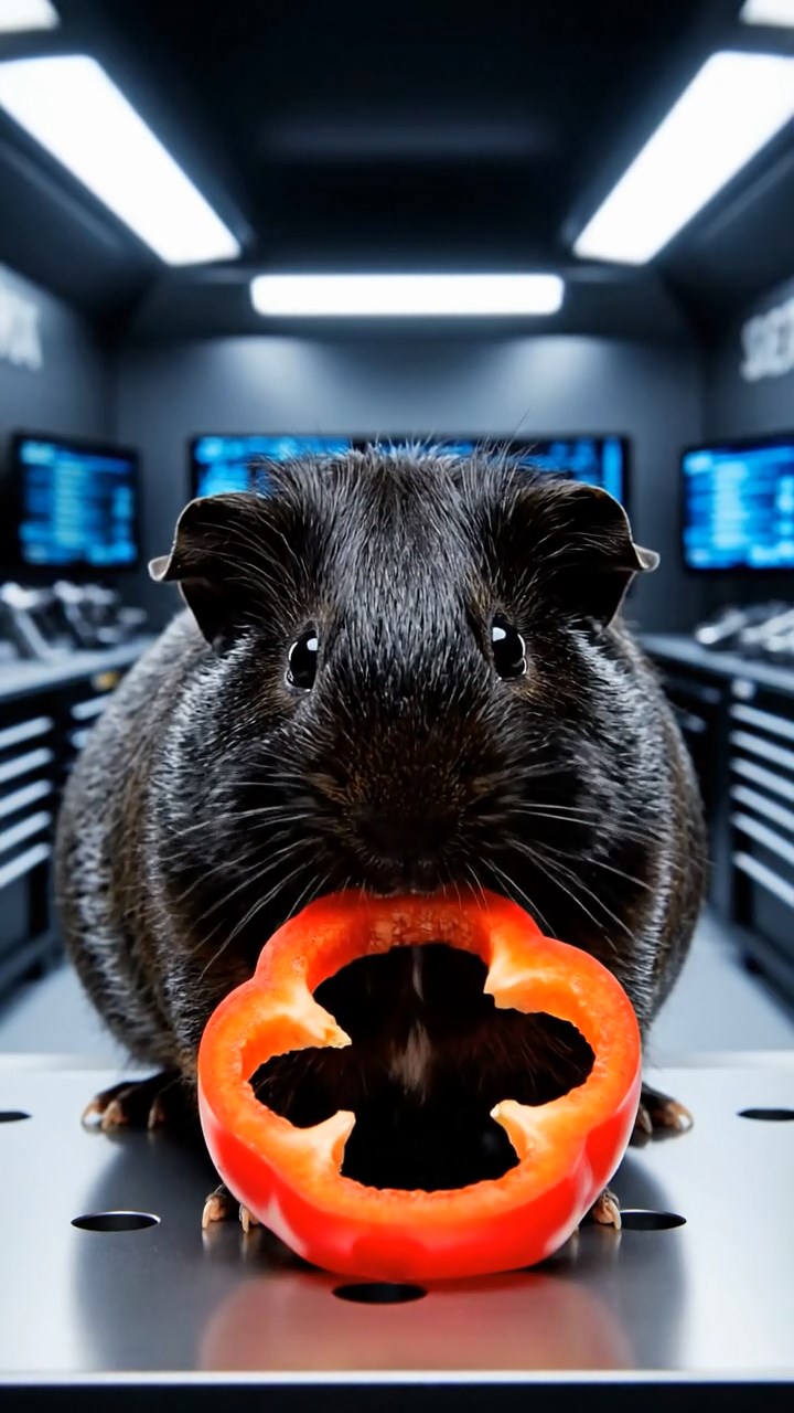 1336. Photorealistic photo of 1 smooth-haired Texel guinea pig with black fur, chewing on bell pepper rings, in a formula racing garage with high-tech tools.