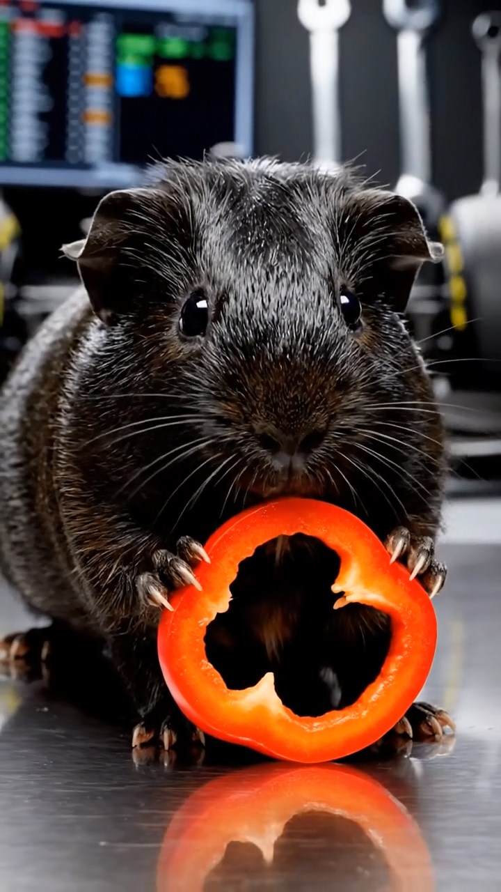 1336. Photorealistic photo of 1 smooth-haired Texel guinea pig with black fur, chewing on bell pepper rings, in a formula racing garage with high-tech tools.