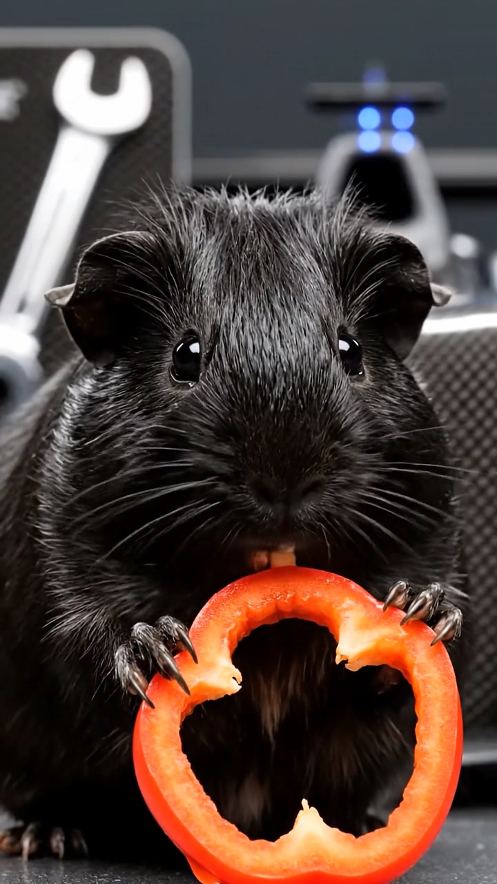 1336. Photorealistic photo of 1 smooth-haired Texel guinea pig with black fur, chewing on bell pepper rings, in a formula racing garage with high-tech tools.
