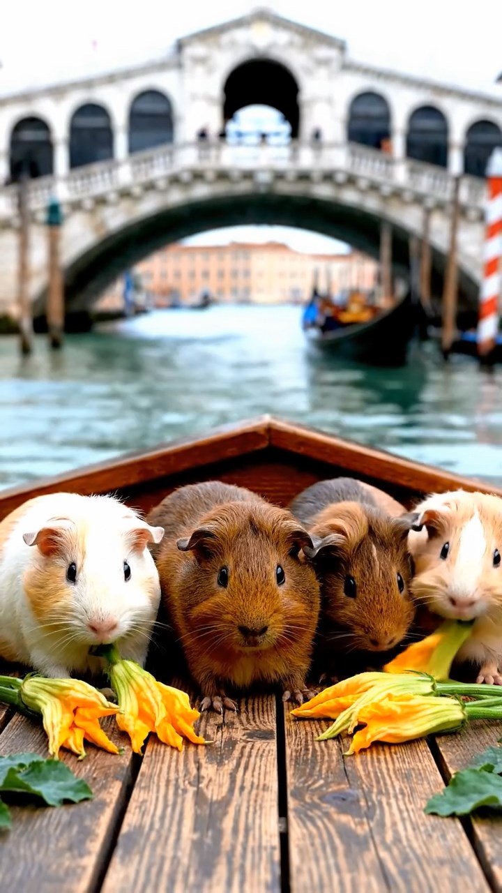 1337. Realistic image of 5 smooth-haired Rex guinea pigs in brown, cream, and fawn colors, munching on zucchini flowers, on a canal boat deck with Venetian bridges.