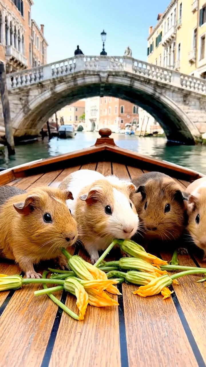 1337. Realistic image of 5 smooth-haired Rex guinea pigs in brown, cream, and fawn colors, munching on zucchini flowers, on a canal boat deck with Venetian bridges.