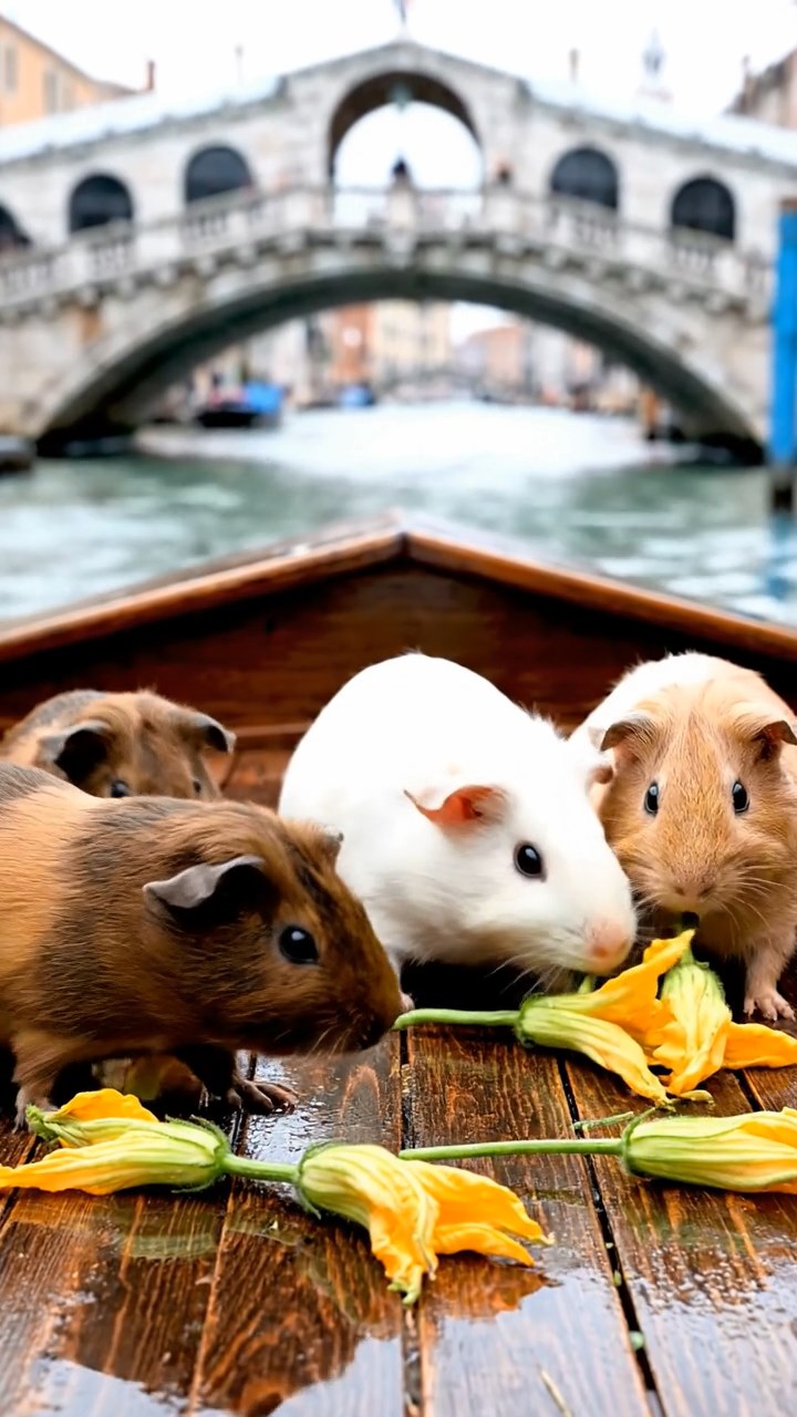 1337. Realistic image of 5 smooth-haired Rex guinea pigs in brown, cream, and fawn colors, munching on zucchini flowers, on a canal boat deck with Venetian bridges.