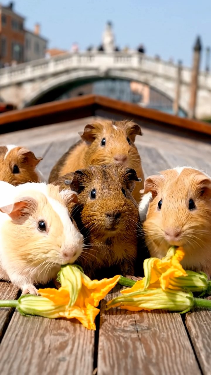 1337. Realistic image of 5 smooth-haired Rex guinea pigs in brown, cream, and fawn colors, munching on zucchini flowers, on a canal boat deck with Venetian bridges.