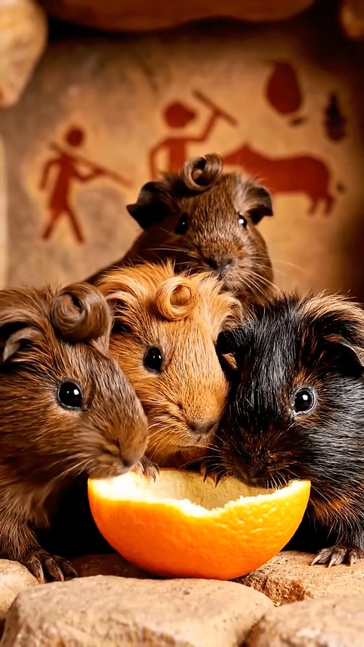 1338. Highly detailed view of 4 smooth-haired Coronet guinea pigs with chocolate, cinnamon, and sable fur, sharing orange peels, in a primitive cave shelter with drawings.