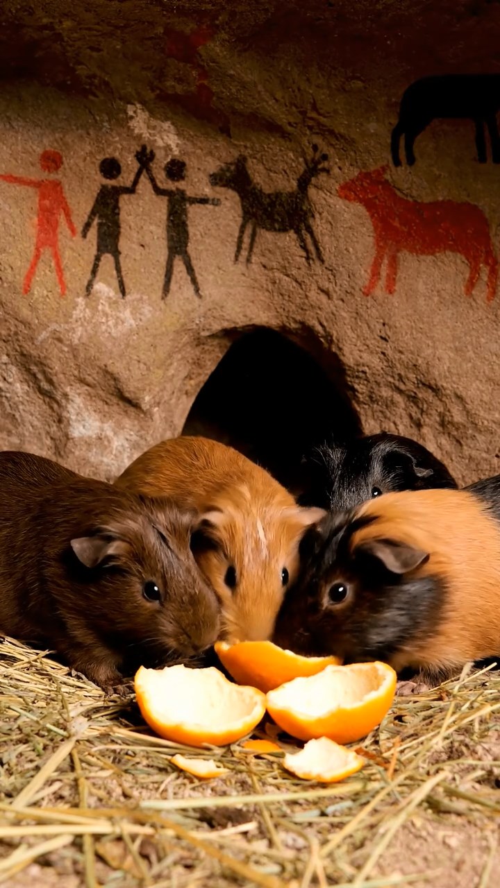 1338. Highly detailed view of 4 smooth-haired Coronet guinea pigs with chocolate, cinnamon, and sable fur, sharing orange peels, in a primitive cave shelter with drawings.