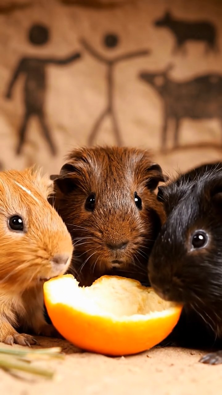 1338. Highly detailed view of 4 smooth-haired Coronet guinea pigs with chocolate, cinnamon, and sable fur, sharing orange peels, in a primitive cave shelter with drawings.