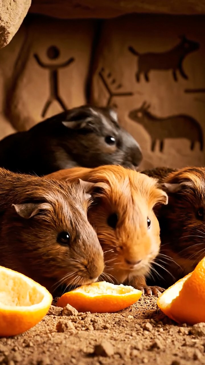 1338. Highly detailed view of 4 smooth-haired Coronet guinea pigs with chocolate, cinnamon, and sable fur, sharing orange peels, in a primitive cave shelter with drawings.