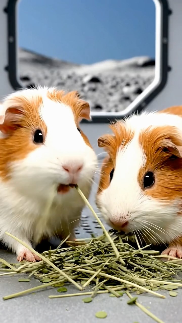 1339. Photorealistic scene of 2 smooth-haired White Crested guinea pigs featuring white and orange coats, eating alfalfa hay, on a lunar base habitat with regolith outside.