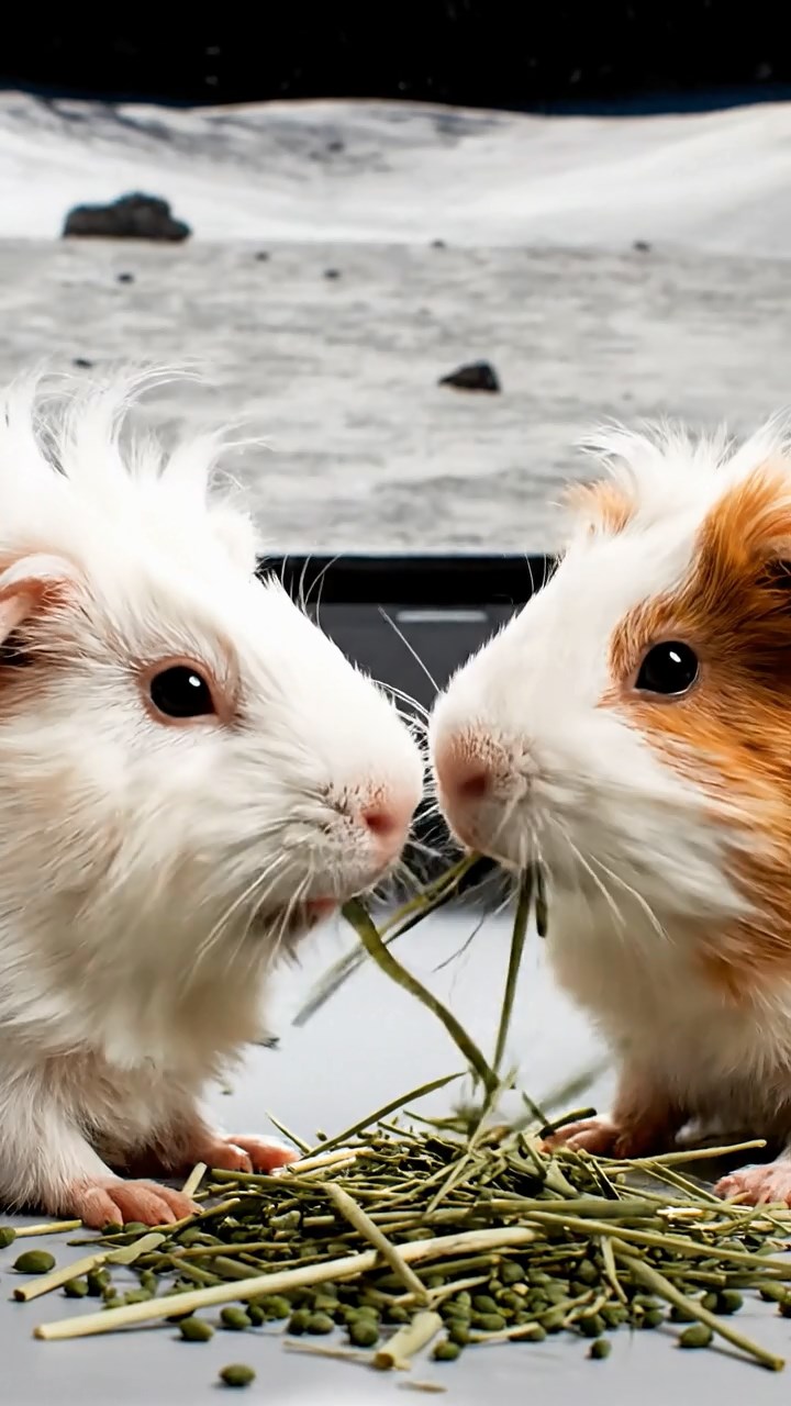 1339. Photorealistic scene of 2 smooth-haired White Crested guinea pigs featuring white and orange coats, eating alfalfa hay, on a lunar base habitat with regolith outside.