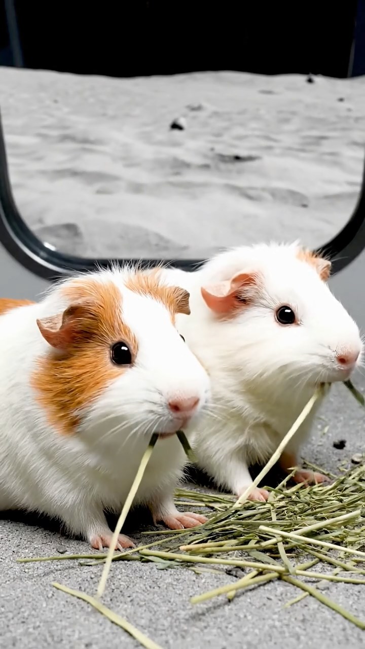 1339. Photorealistic scene of 2 smooth-haired White Crested guinea pigs featuring white and orange coats, eating alfalfa hay, on a lunar base habitat with regolith outside.