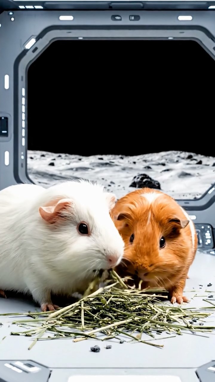 1339. Photorealistic scene of 2 smooth-haired White Crested guinea pigs featuring white and orange coats, eating alfalfa hay, on a lunar base habitat with regolith outside.