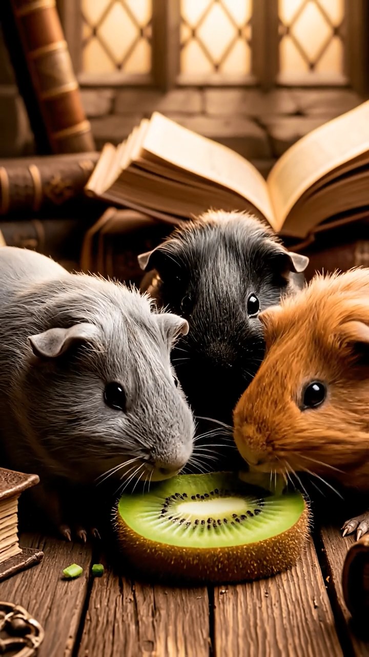 1340. Realistic depiction of 3 smooth-haired Skinny guinea pigs with gray, black, and brown fur, nibbling on kiwi skins, inside a mystical mage's spire with arcane tomes.