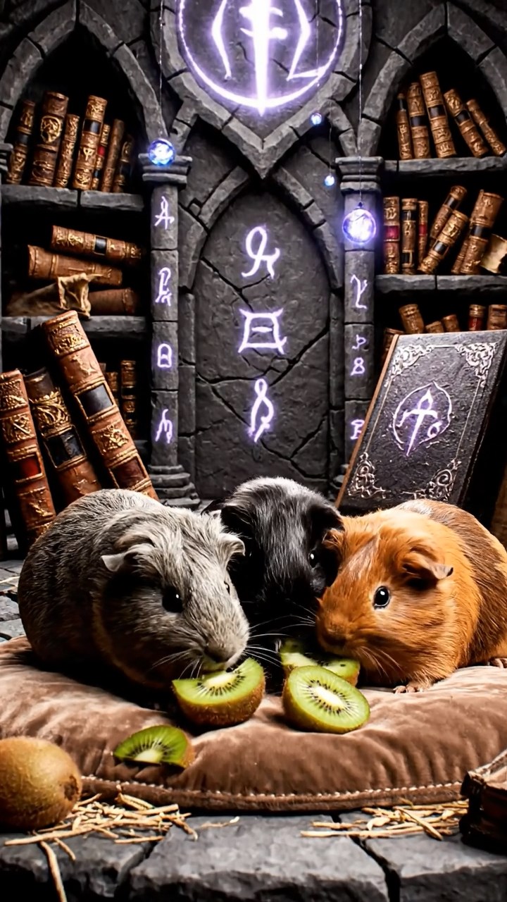 1340. Realistic depiction of 3 smooth-haired Skinny guinea pigs with gray, black, and brown fur, nibbling on kiwi skins, inside a mystical mage's spire with arcane tomes.