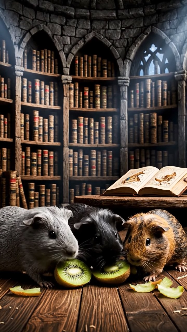 1340. Realistic depiction of 3 smooth-haired Skinny guinea pigs with gray, black, and brown fur, nibbling on kiwi skins, inside a mystical mage's spire with arcane tomes.