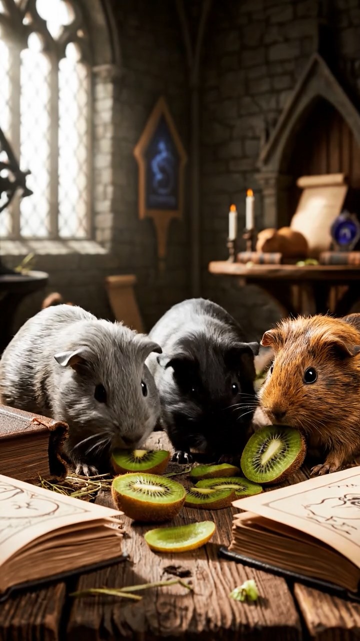 1340. Realistic depiction of 3 smooth-haired Skinny guinea pigs with gray, black, and brown fur, nibbling on kiwi skins, inside a mystical mage's spire with arcane tomes.
