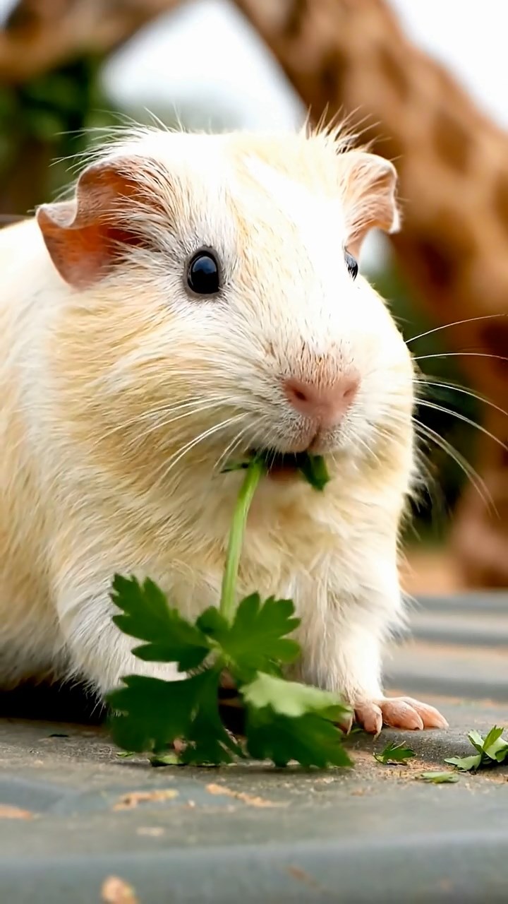 1341. Detailed photo of 1 smooth-haired American guinea pig with cream fur, chewing on parsley stems, on a wildlife safari vehicle roof with giraffes nearby.