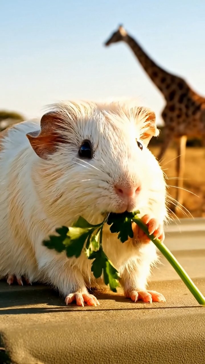 1341. Detailed photo of 1 smooth-haired American guinea pig with cream fur, chewing on parsley stems, on a wildlife safari vehicle roof with giraffes nearby.